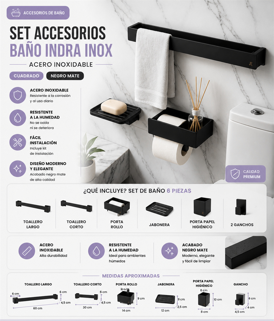Set de 6 Accesorios de Baño Indra Inox Negro