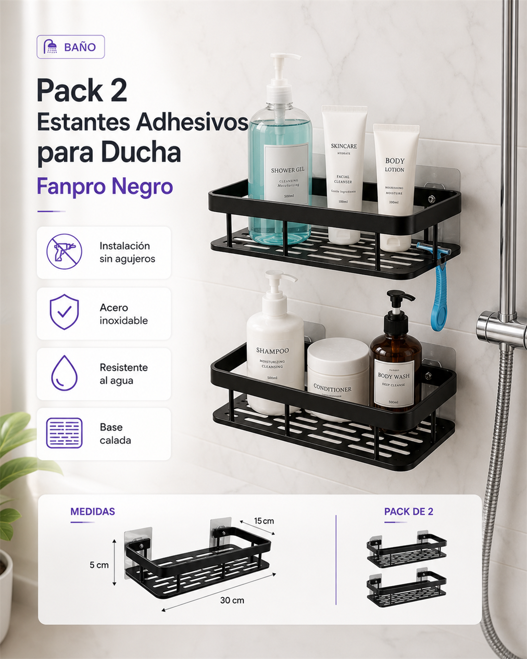 Pack 2 Estantes Adhesivos para Ducha Fanpro Negro