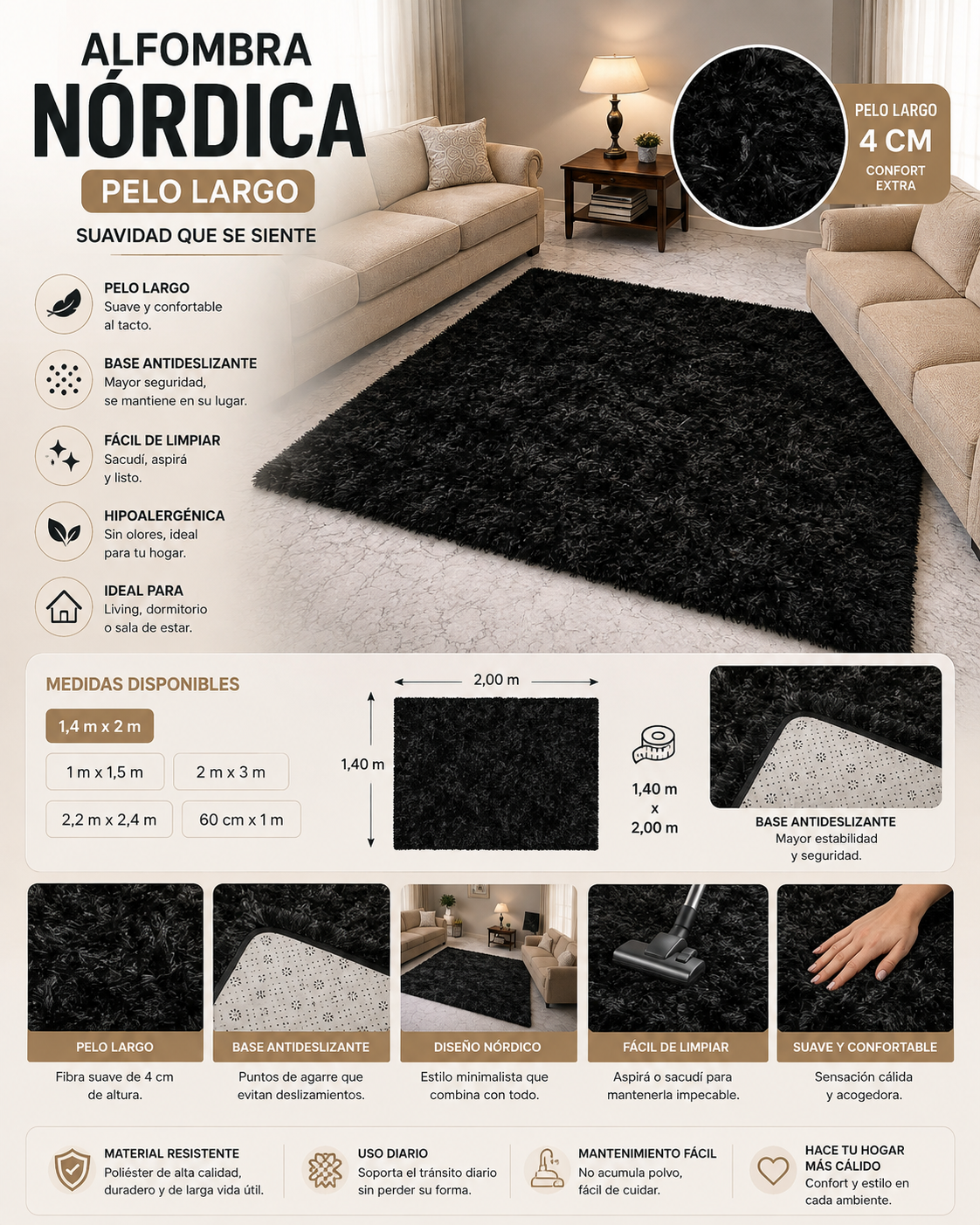 Alfombra Nórdica Pelo Largo 1,40 x 2,00M – Negra