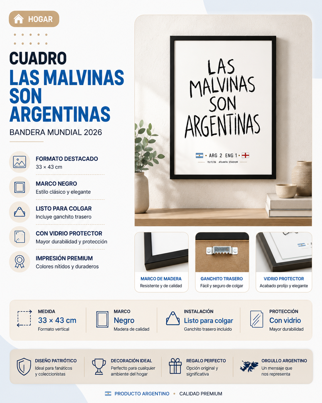 Cuadro Las Malvinas Son Argentinas 33 × 43 cm