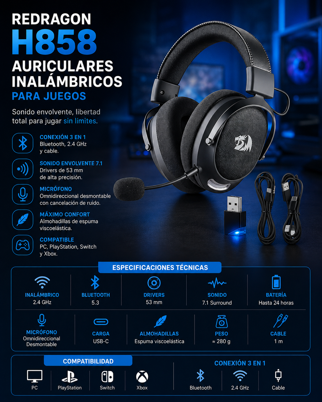 1. Auriculares Inalámbricos Redragon H858
