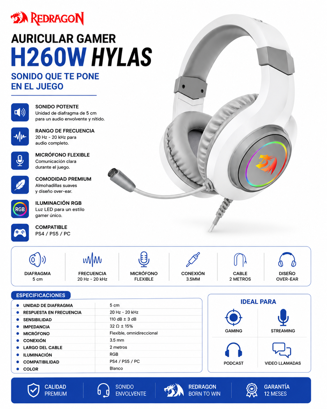 Auriculares Gamer Redragon H260W Hylas RGB – Blanco