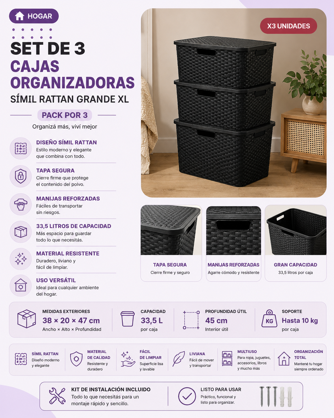 Set de 3 Cajas Organizadoras Símil Rattan Grande XL