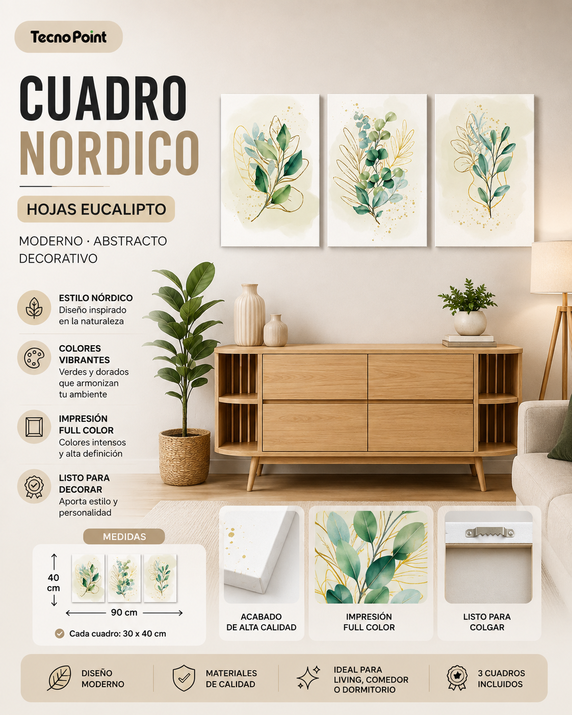 Set de 3 Cuadros Nórdicos Hojas de Eucalipto