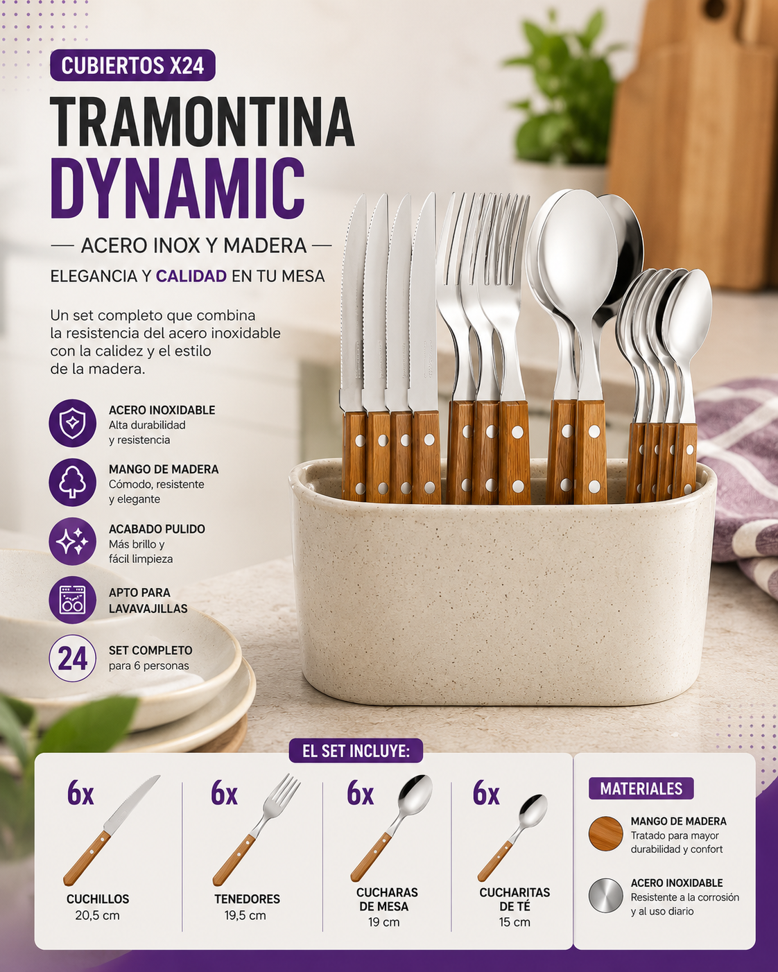 Cubiertos Tramontina Dynamic X24 Acero Inoxidable y Madera