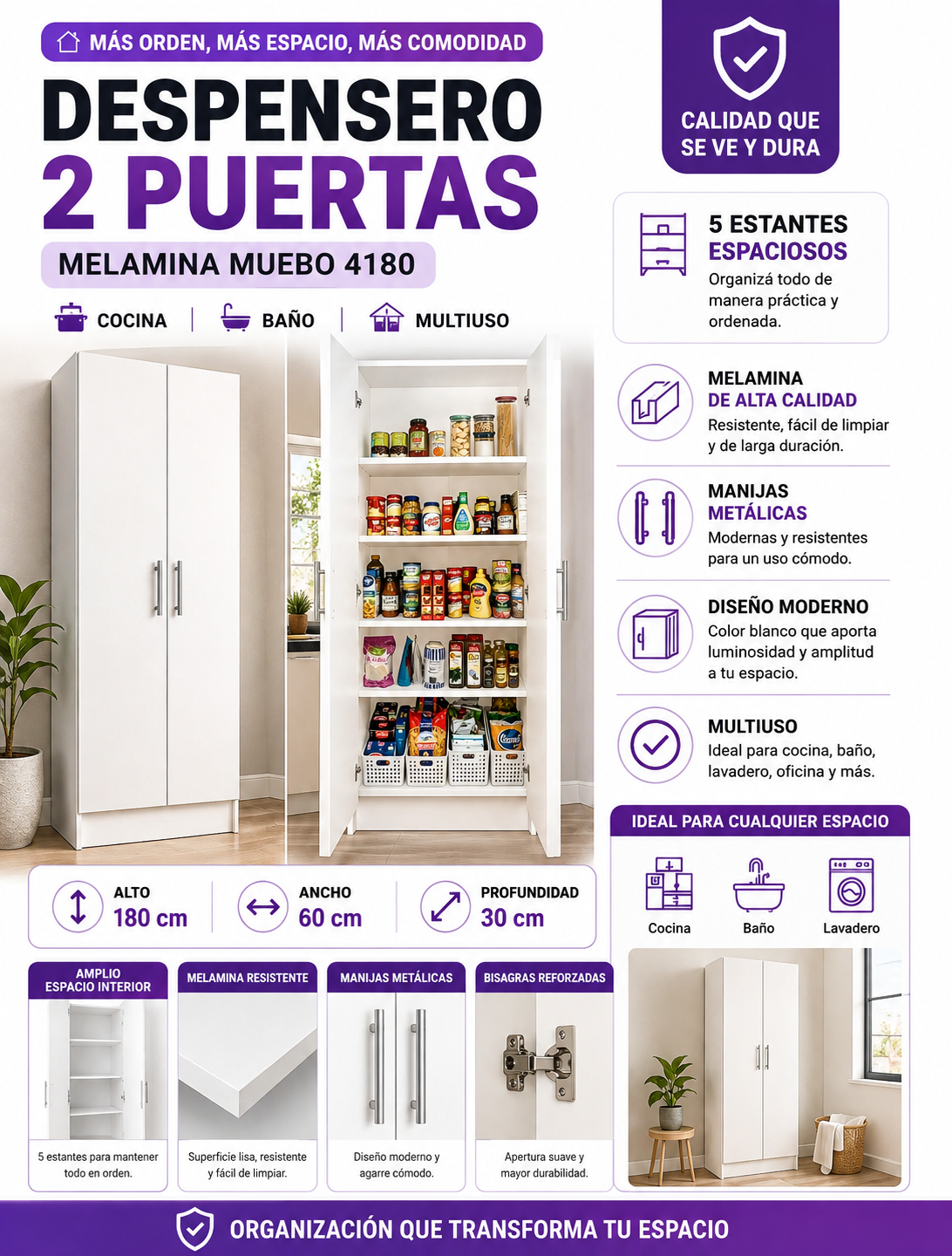 Despensero de Cocina 2 Puertas y 5 Estantes – Melamina Muebo 4180
