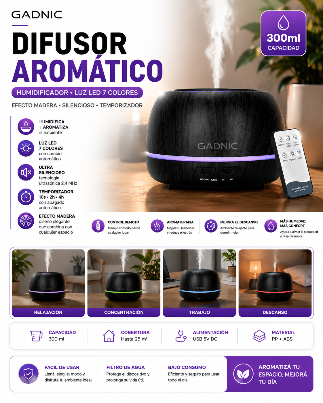 Difusor Aromático Gadnic 300 ml con Humidificador, Luz LED y Control Remoto