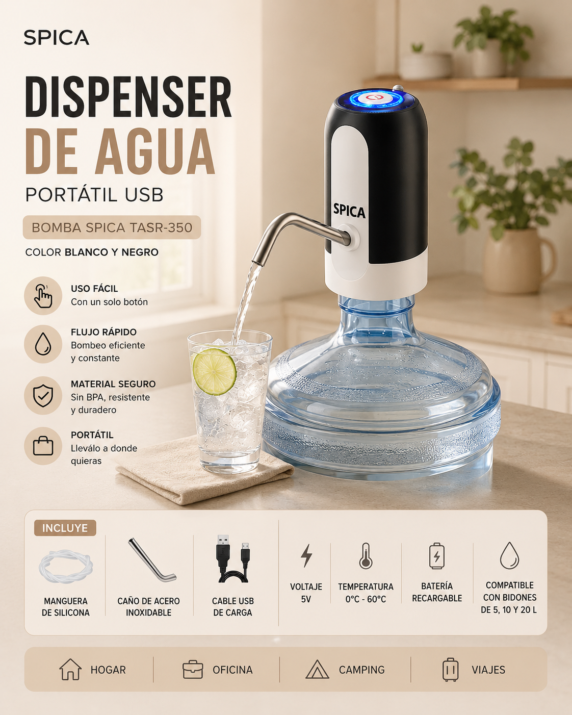 Dispenser de Agua Portátil USB Spica TASR-350