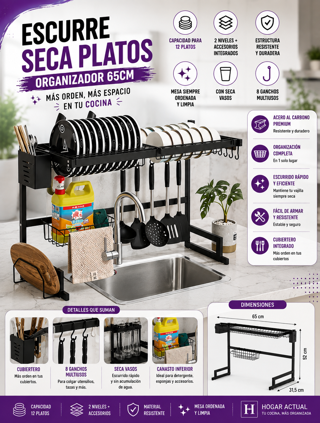 Escurreplatos Organizador de Cocina 65 cm