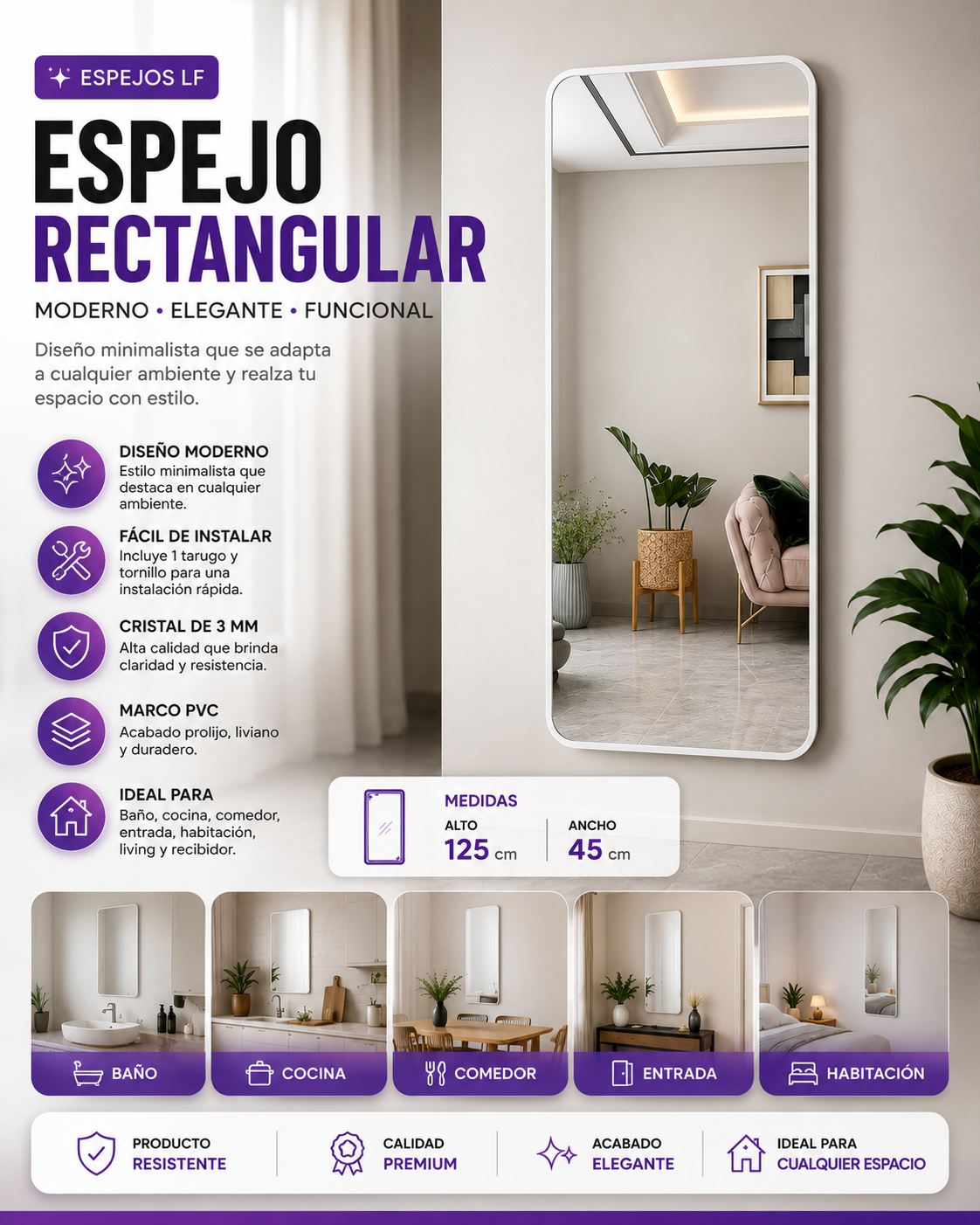 Espejo Rectangular de Pared 125 × 45 cm con Marco Blanco