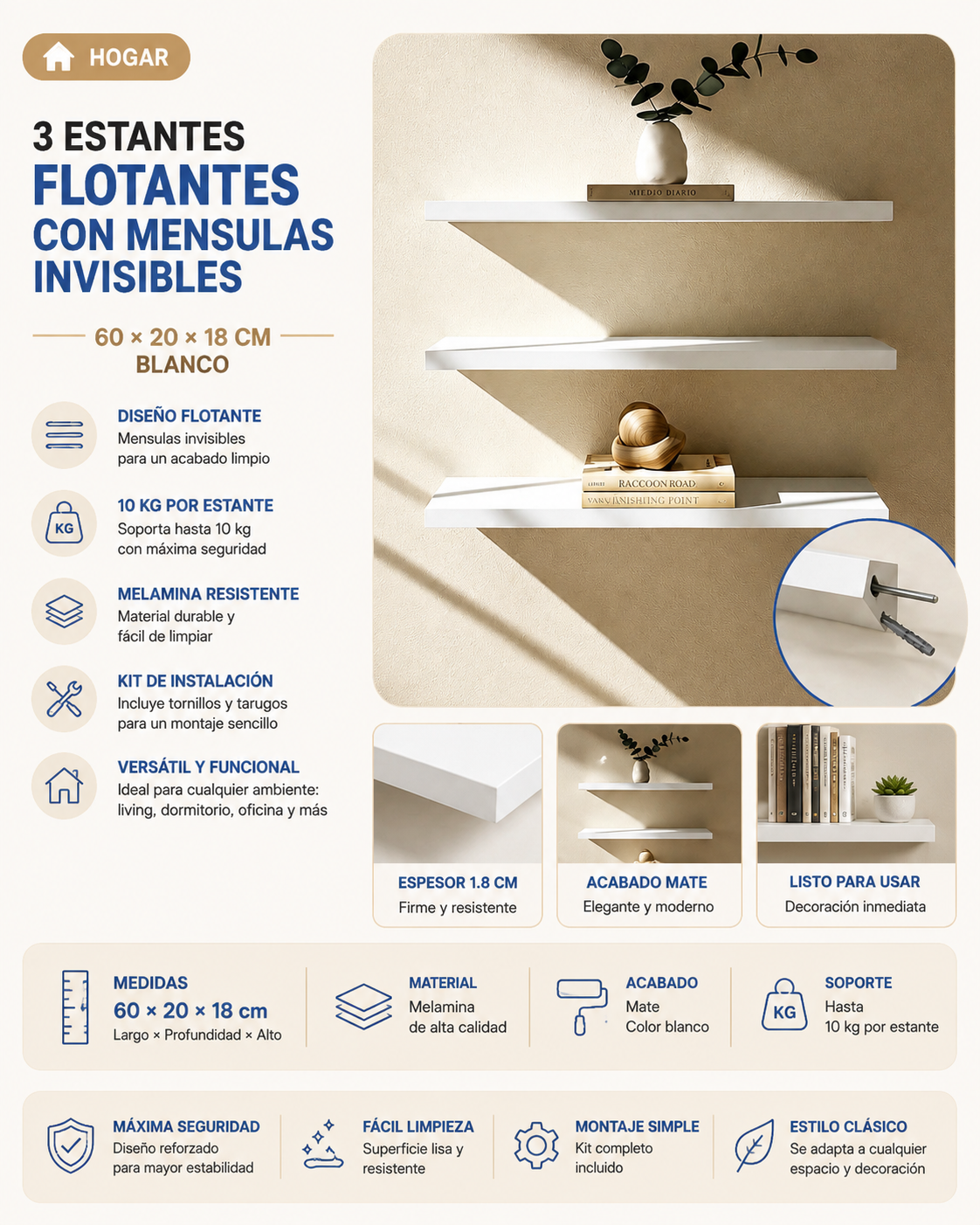 Set de 3 Estantes Flotantes con Ménsulas Invisibles