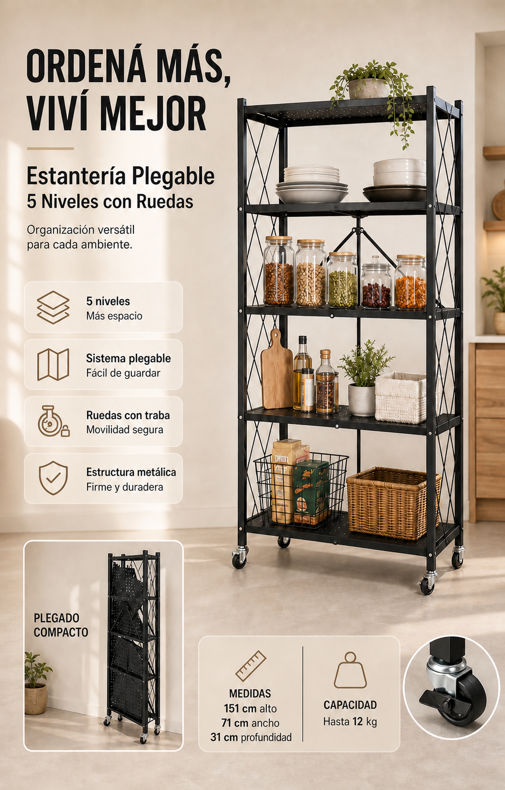 1. Estantería Metálica Plegable con Ruedas