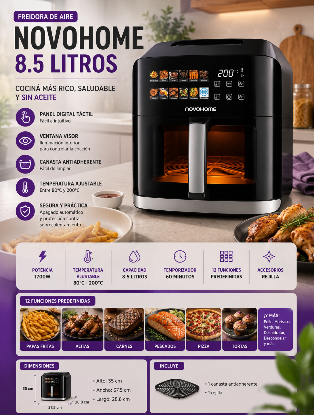 Freidora de Aire Novohome 8.5L con Panel Digital y Ventana Visor