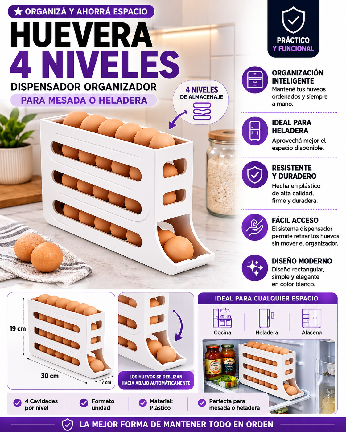 Huevera Organizadora de 4 Niveles con Dispensador Automático