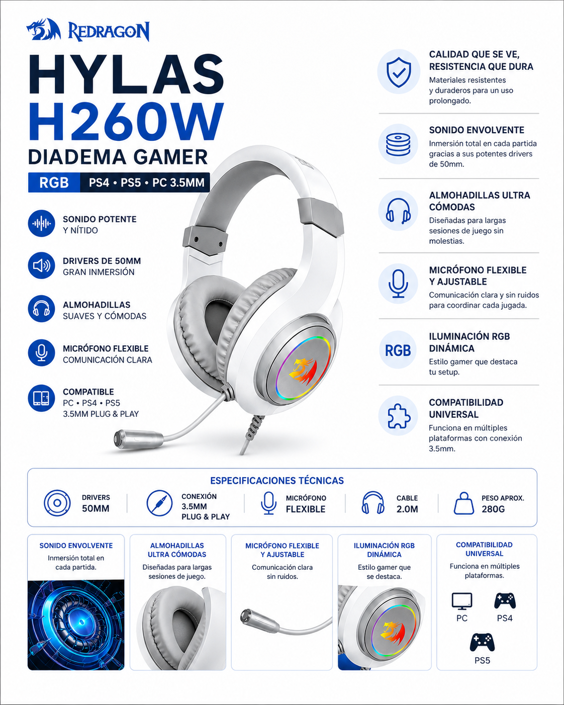 Auriculares Gamer Redragon Hylas H260W RGB 3.5 mm – Blanco