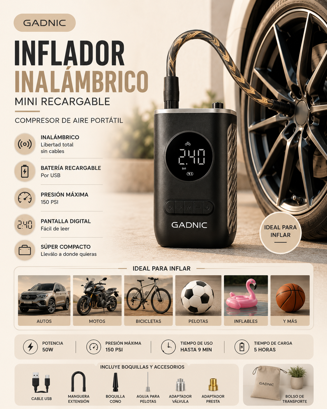 Inflador de Neumáticos Gadnic Inalámbrico