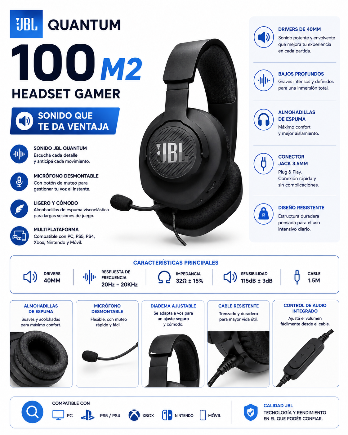 Auriculares Gamer JBL Quantum 100M2 con Micrófono Desmontable – Negro