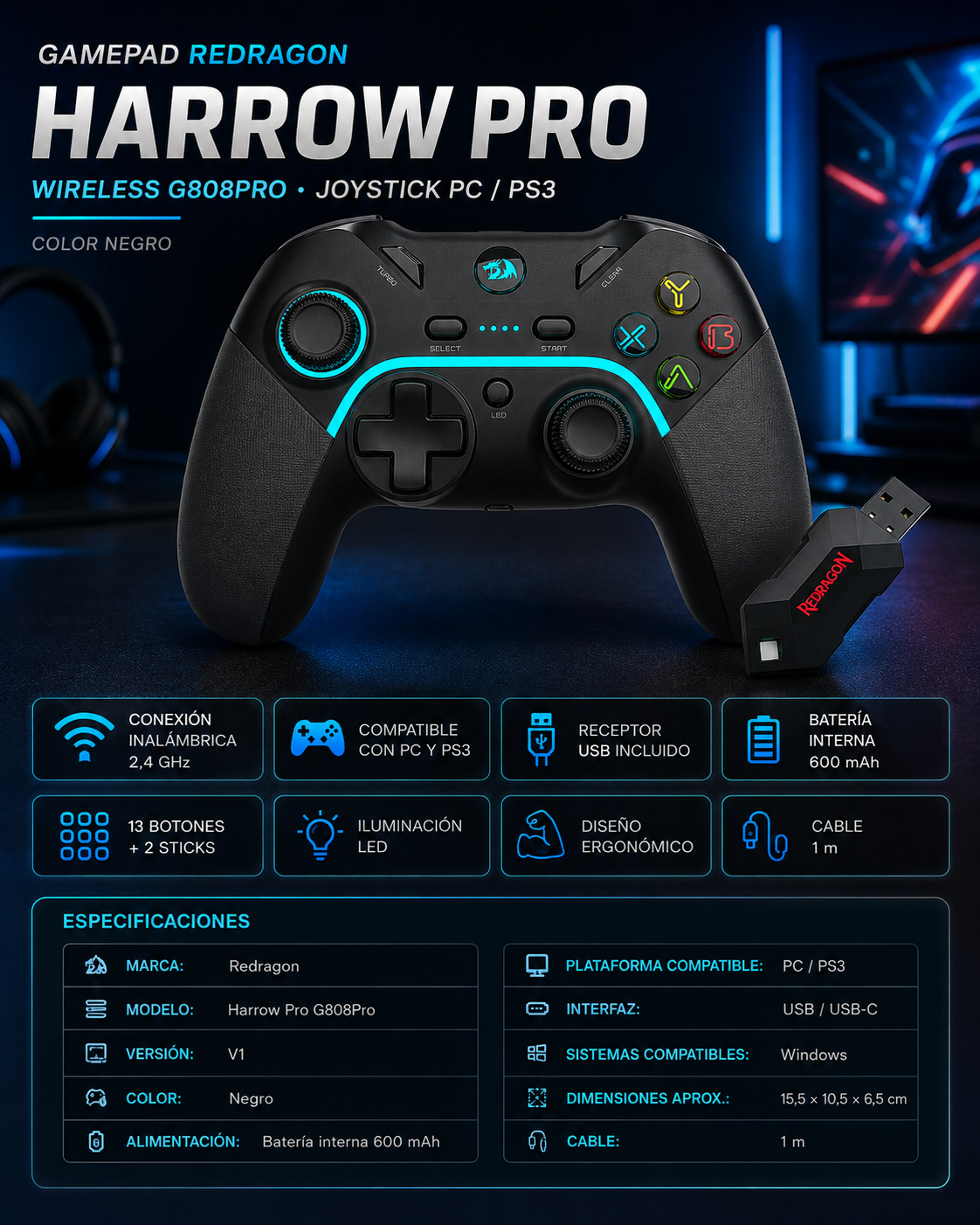 Joystick Inalámbrico Redragon Harrow Pro G808Pro