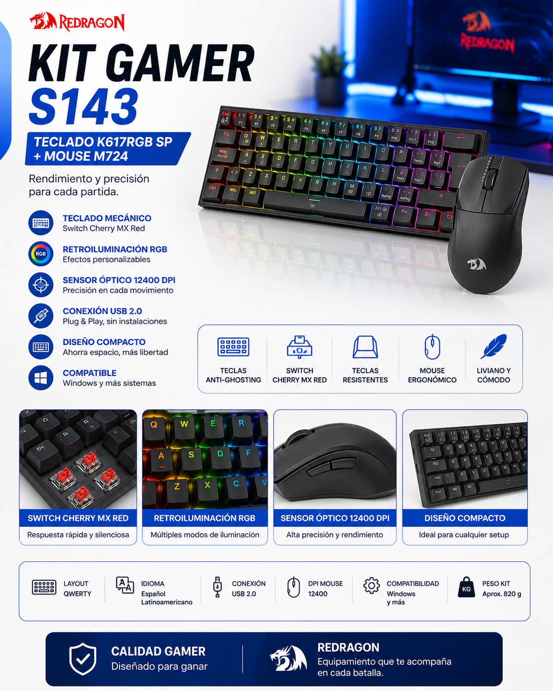 Kit Gamer Redragon S143 – Teclado Mecánico + Mouse M724