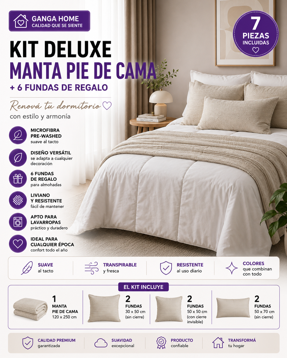 Kit Deluxe Ganga Home de 7 Piezas – Manta Pie de Cama + 6 Fundas