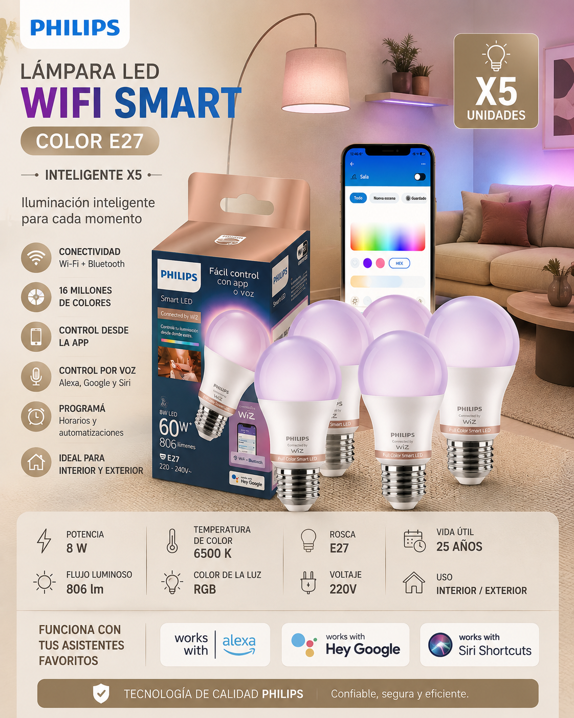 Lámparas LED Philips WiFi Smart Color E27 X5