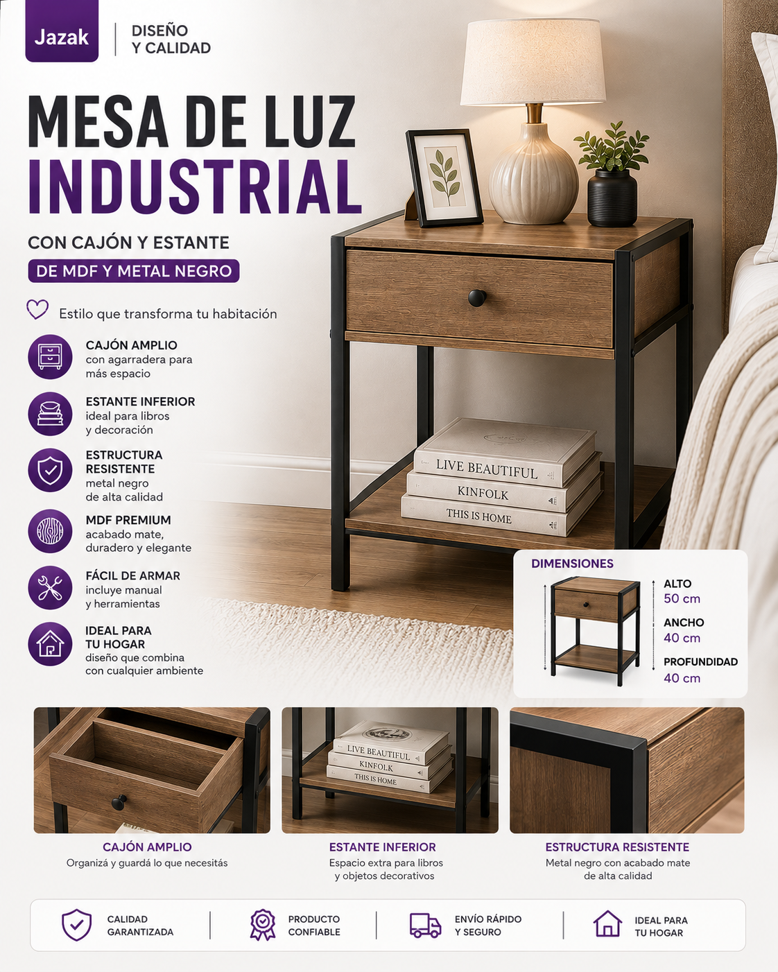 Mesa de Luz Industrial Jazak con Cajón y Estante – MDF y Metal Negro