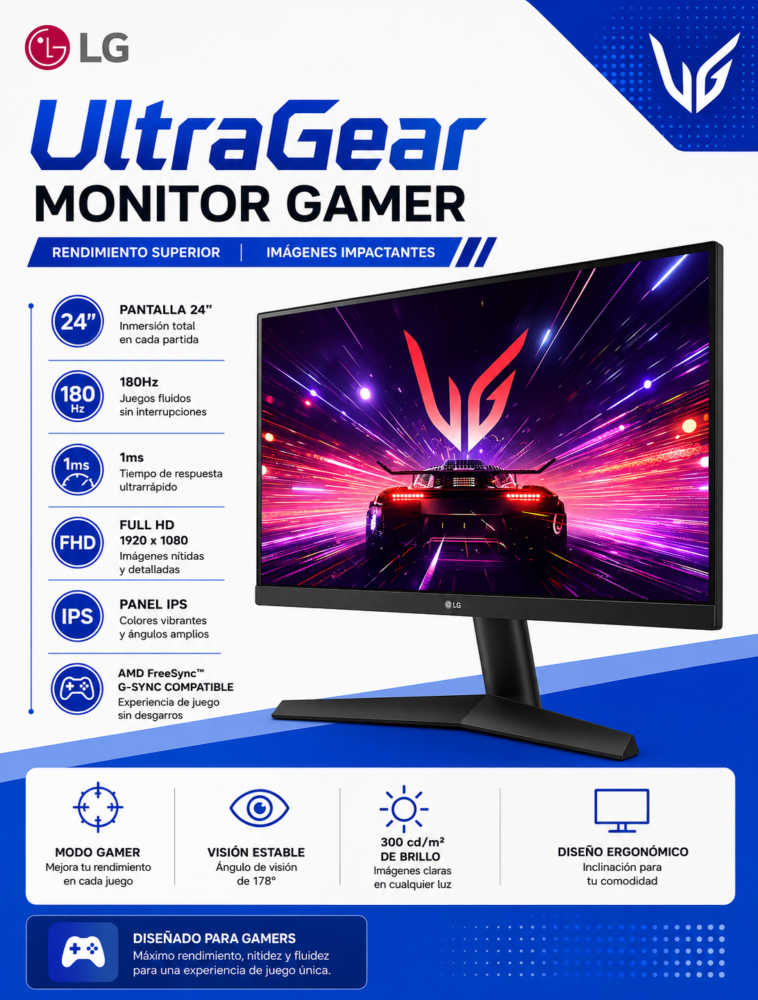 Monitor Gamer LG UltraGear 24″ FHD IPS 180 Hz 1 ms