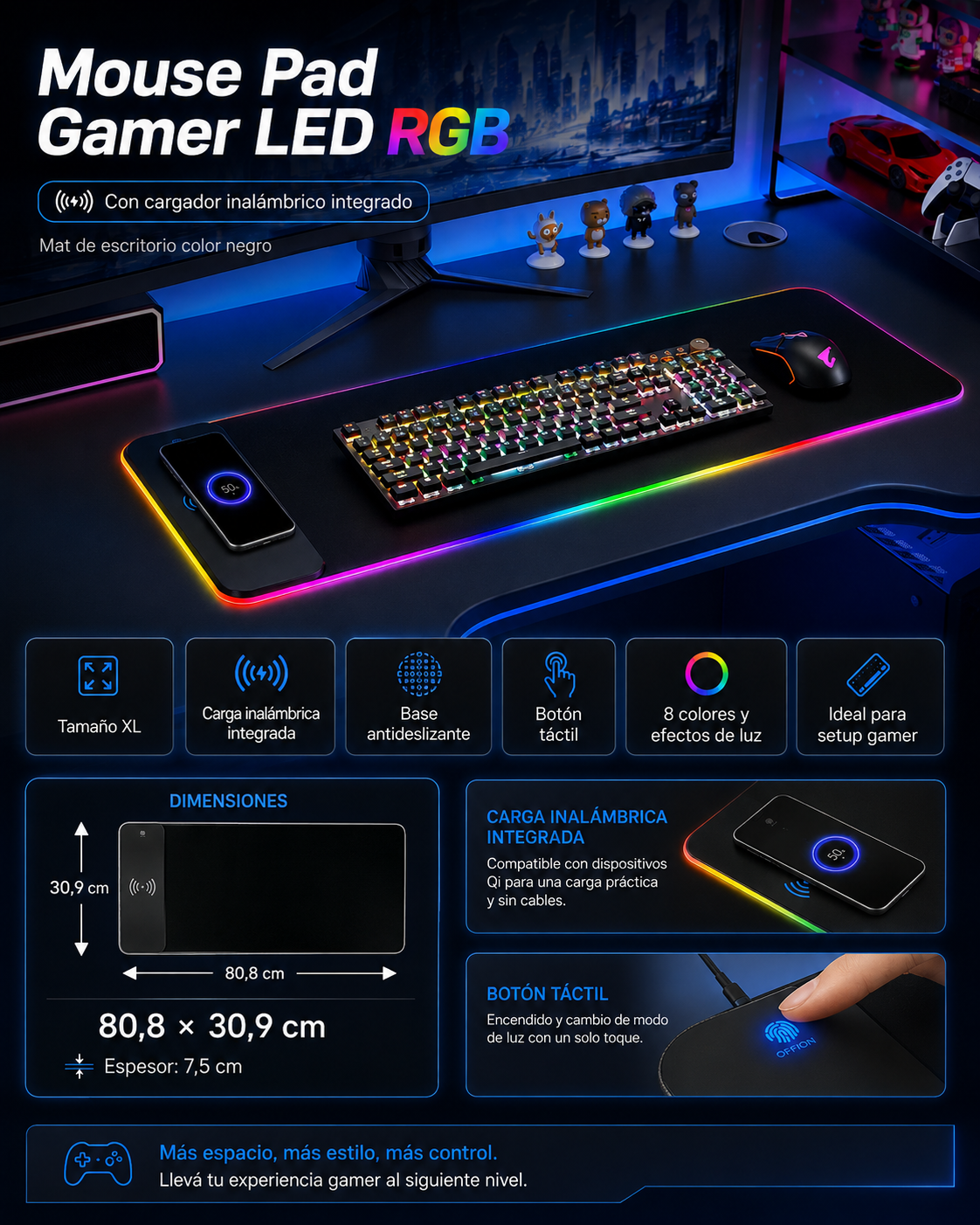 Mouse Pad Gamer RGB XL con Carga Inalámbrica