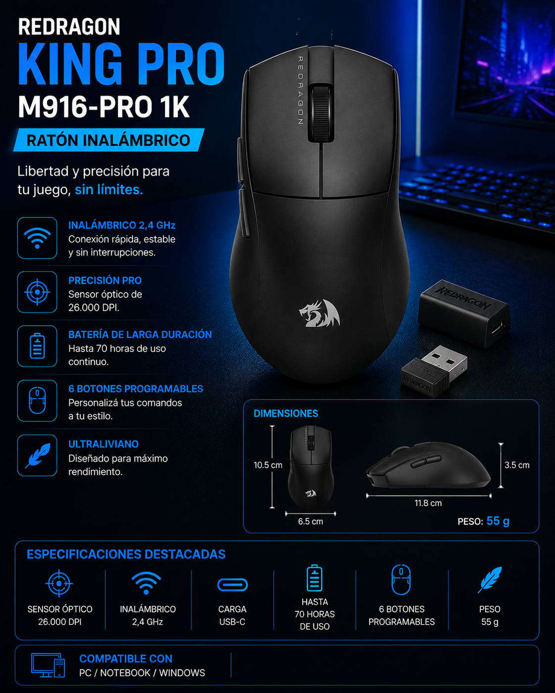 Mouse Inalámbrico Redragon King Pro M916-PRO 1K