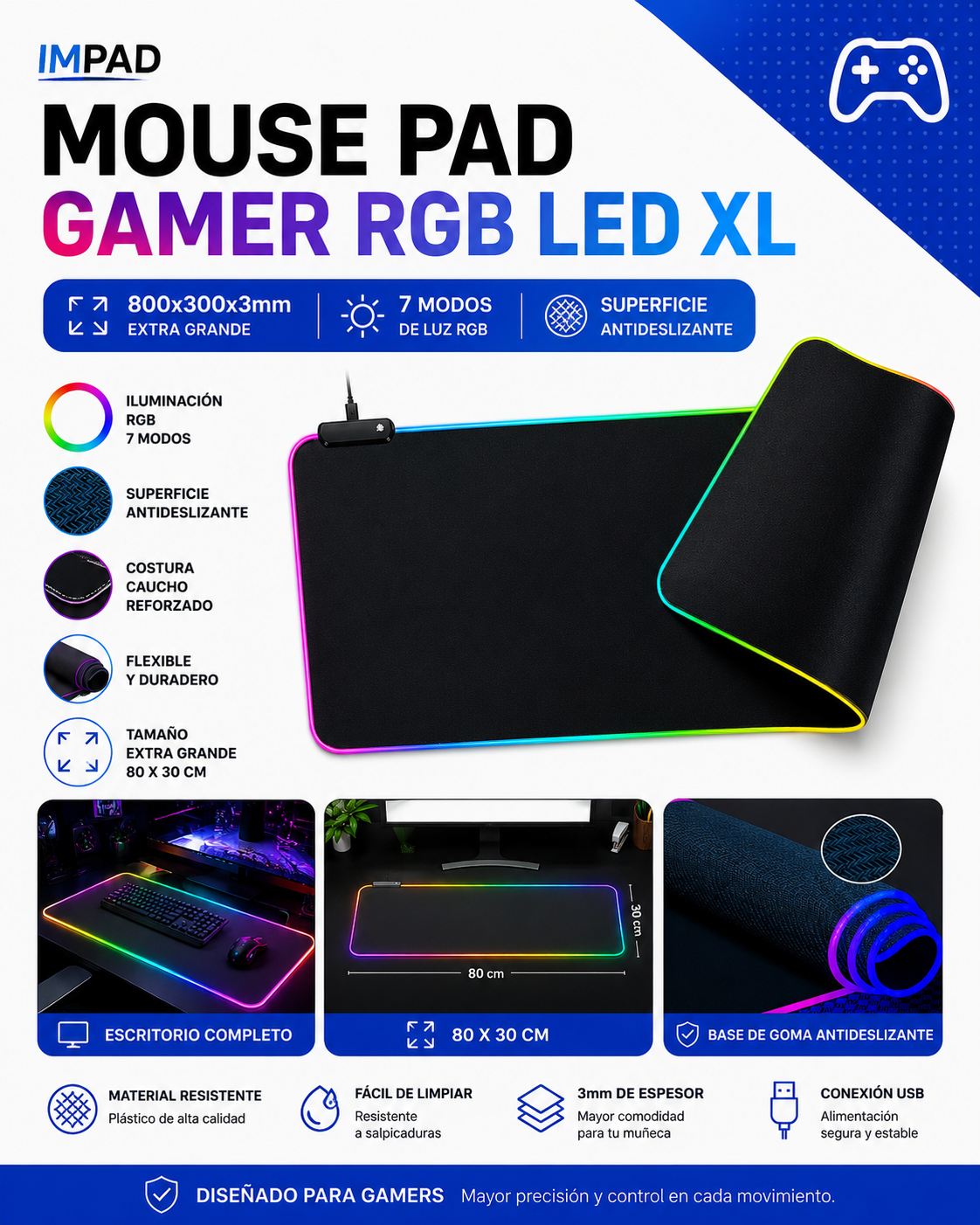 Mouse Pad Gamer RGB XL 80 × 30 cm con 7 Modos de Luz