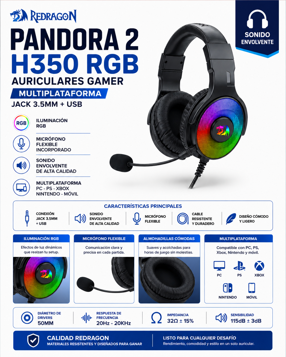 Auriculares Gamer Redragon Pandora 2 H350 RGB – Jack 3.5 mm + USB