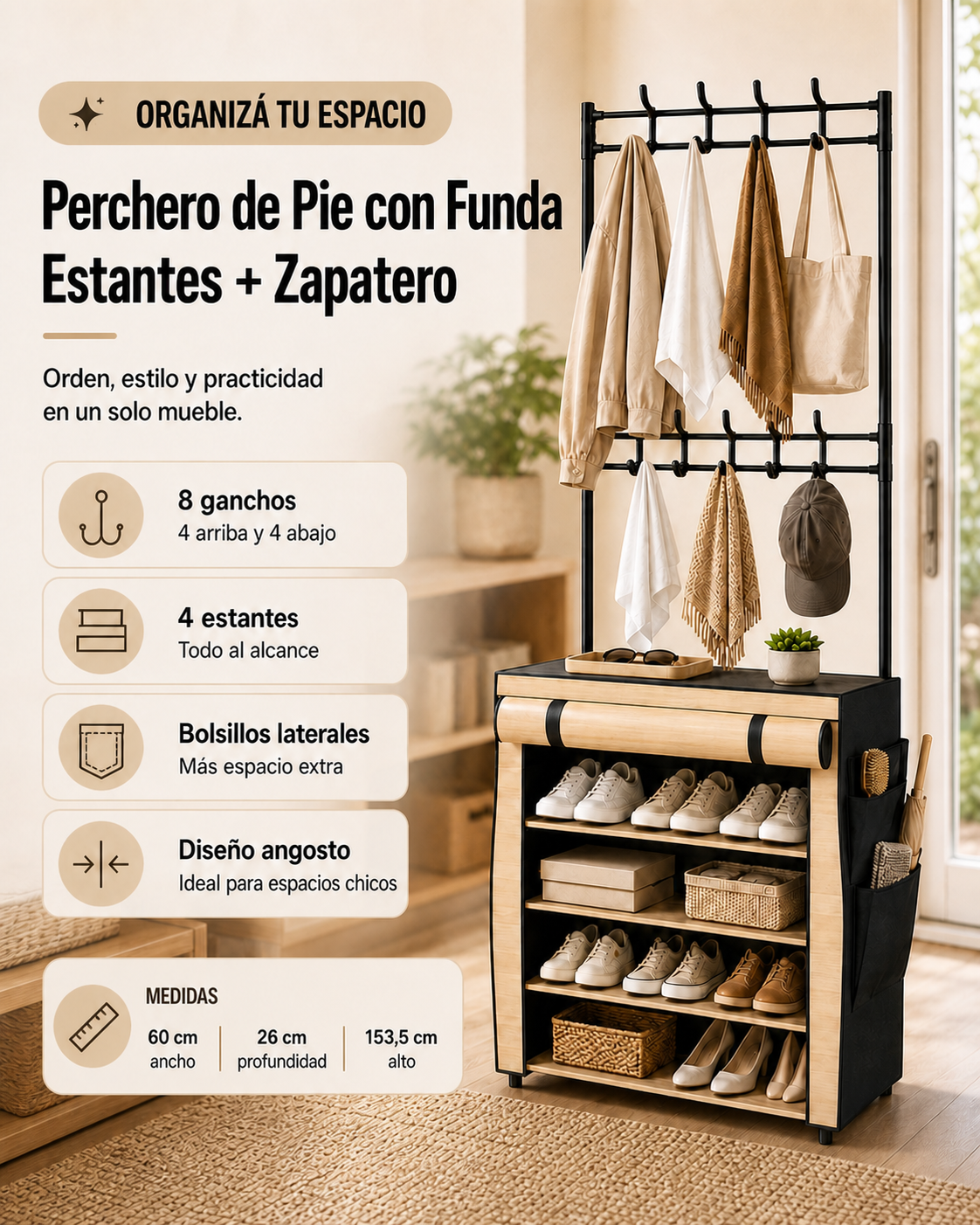 Perchero de Pie con Funda, Estantes y Zapatero