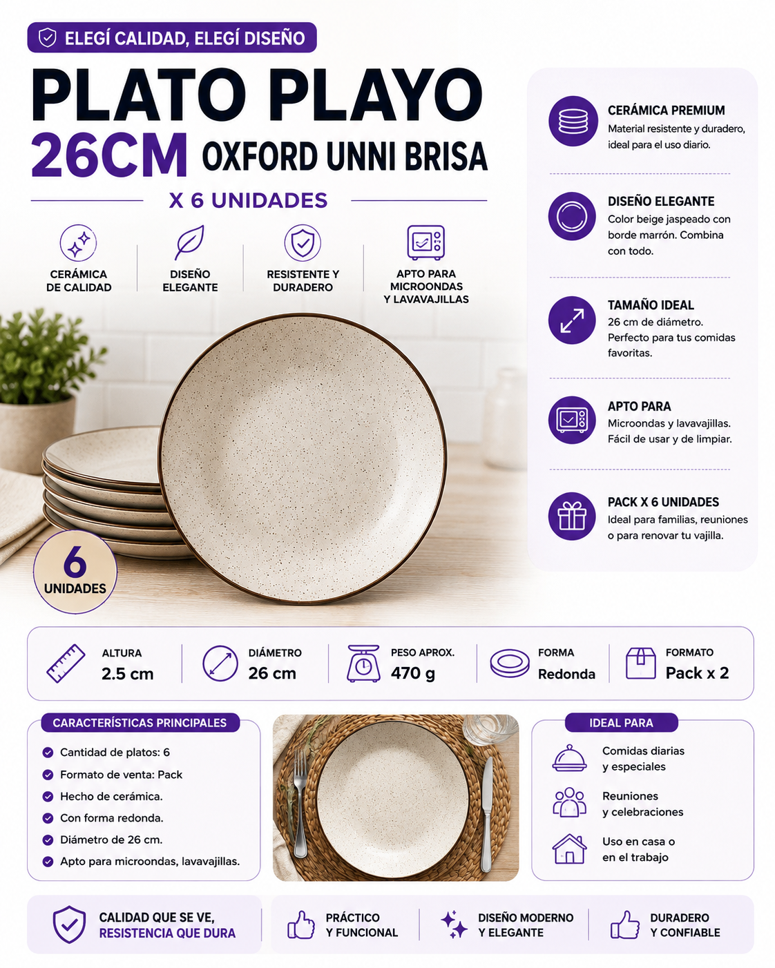Set x6 Platos Playos Oxford Unni Brisa de Cerámica – 26 cm
