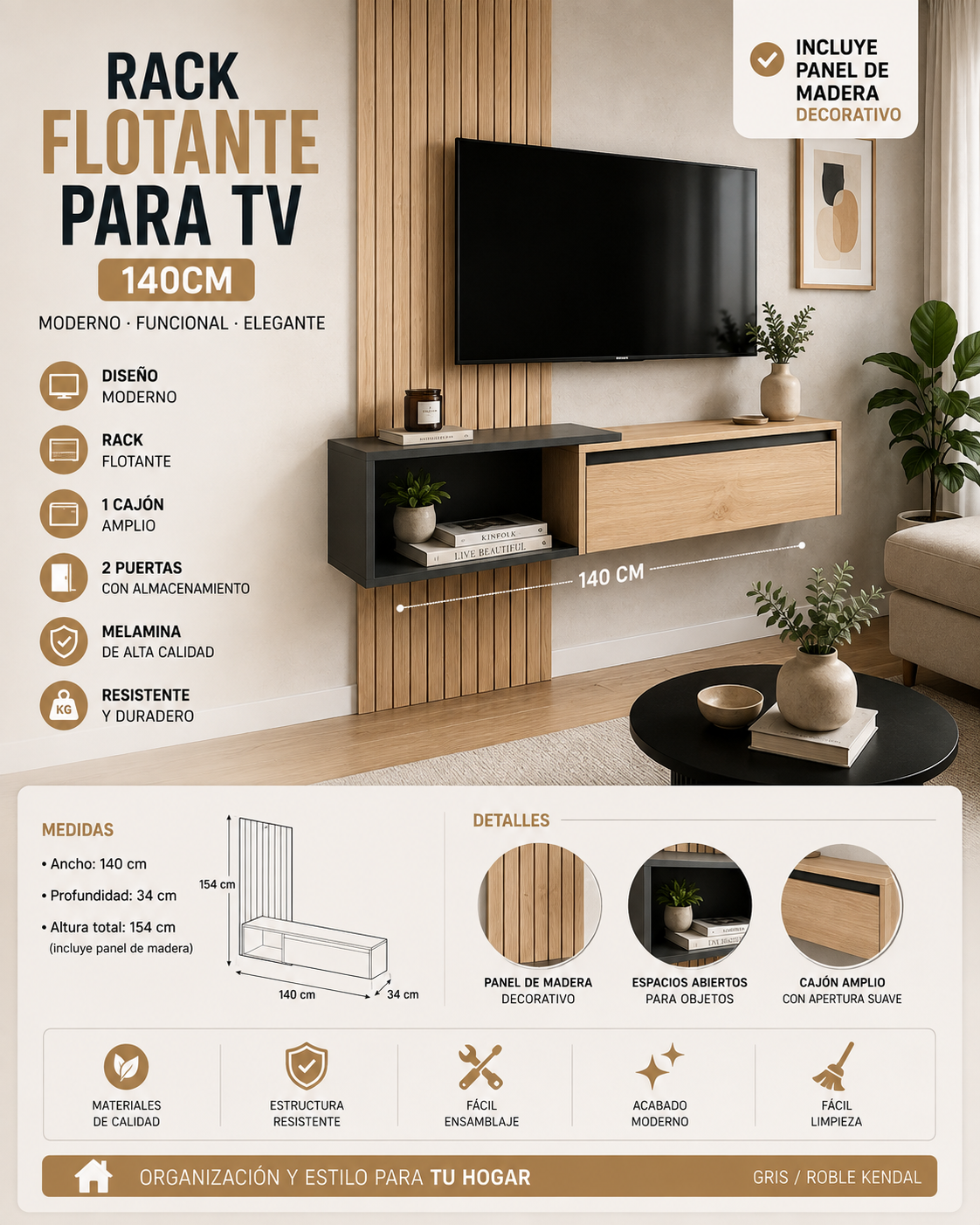 Rack Flotante Para TV 140 Cm Gris / Roble Kendal