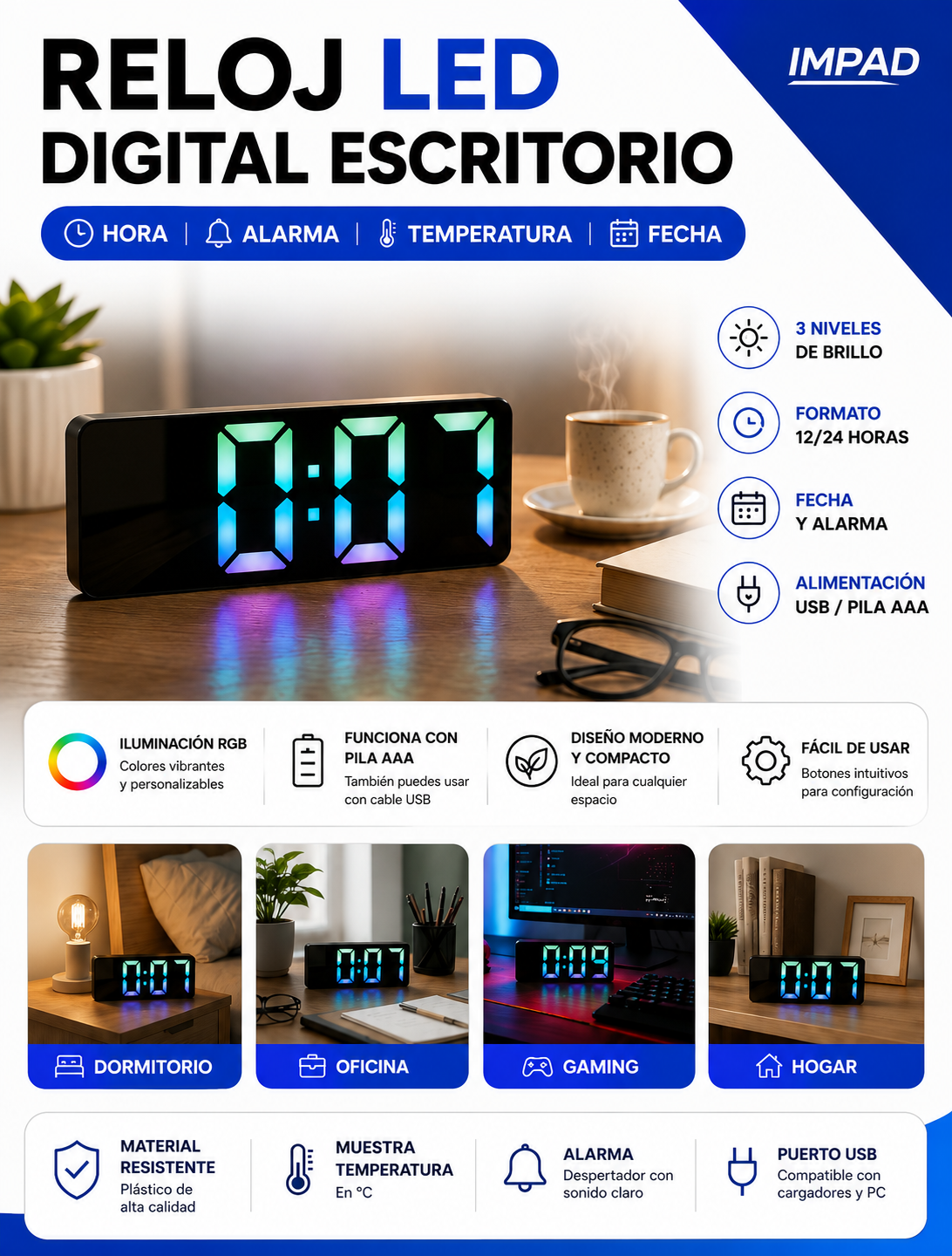 Reloj LED Digital IMPAD de Escritorio con Alarma, Temperatura y Fecha