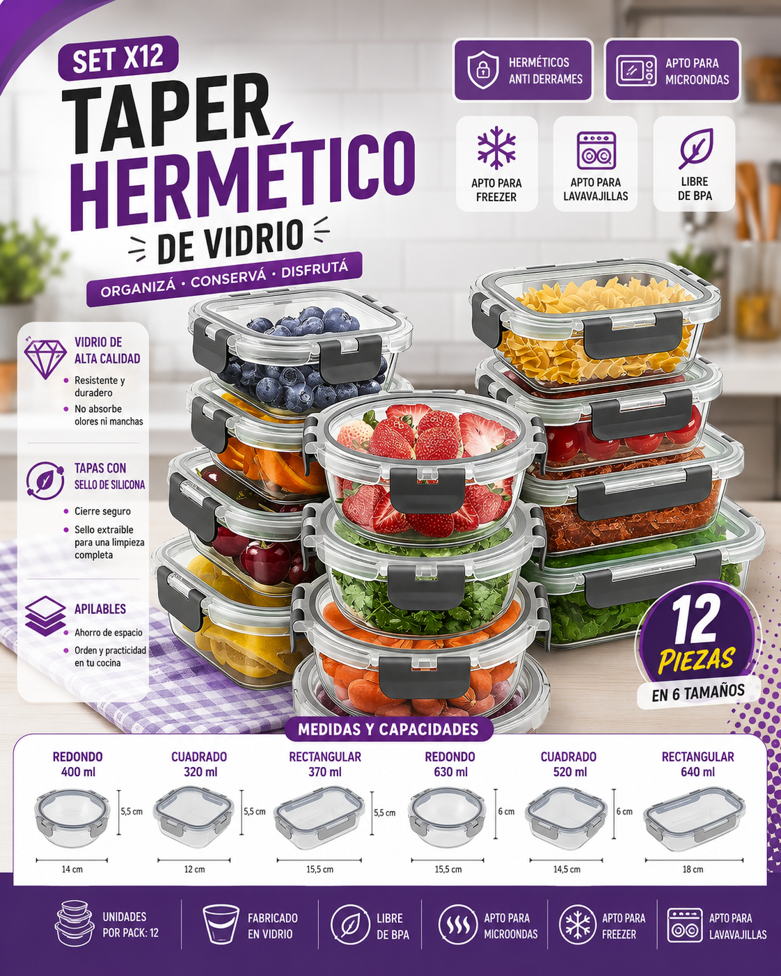 Set X12 Recipientes Herméticos de Vidrio