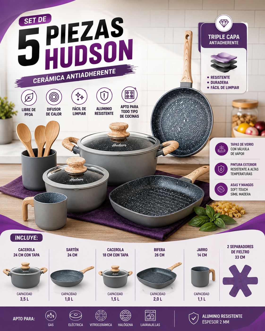 Set de Cocina Hudson 5 Piezas Antiadherente