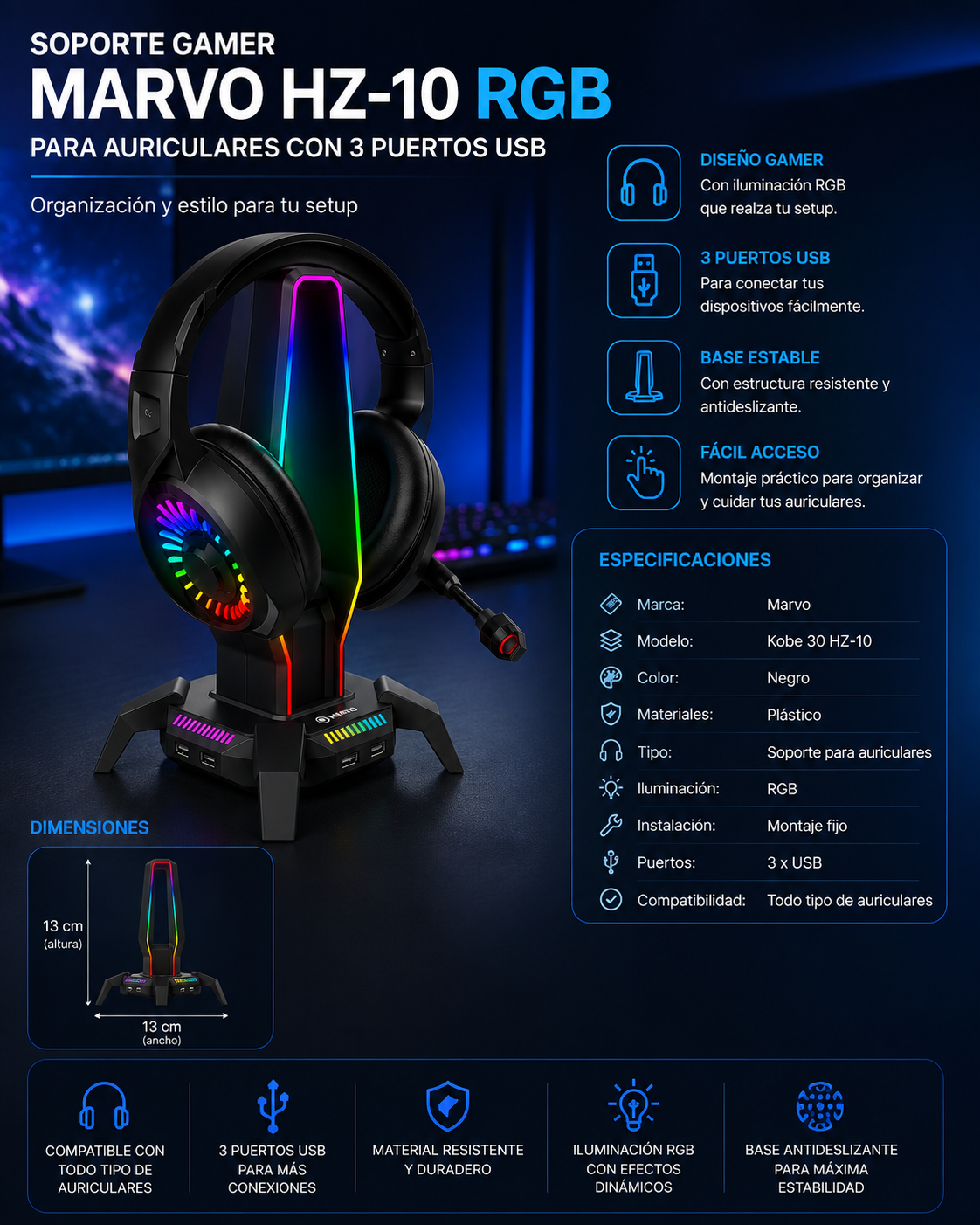Soporte Gamer Marvo HZ-10 RGB para Auriculares con 3 Puertos USB
