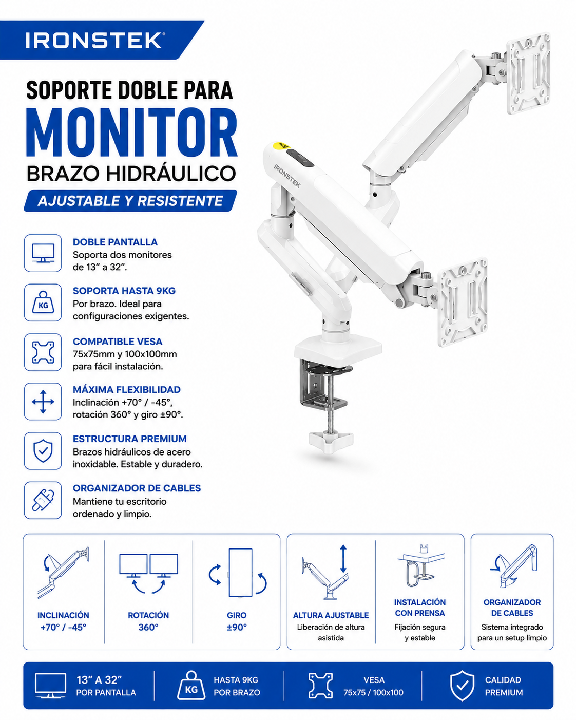 Soporte Doble Para Monitor – Brazo Hidráulico Blanco