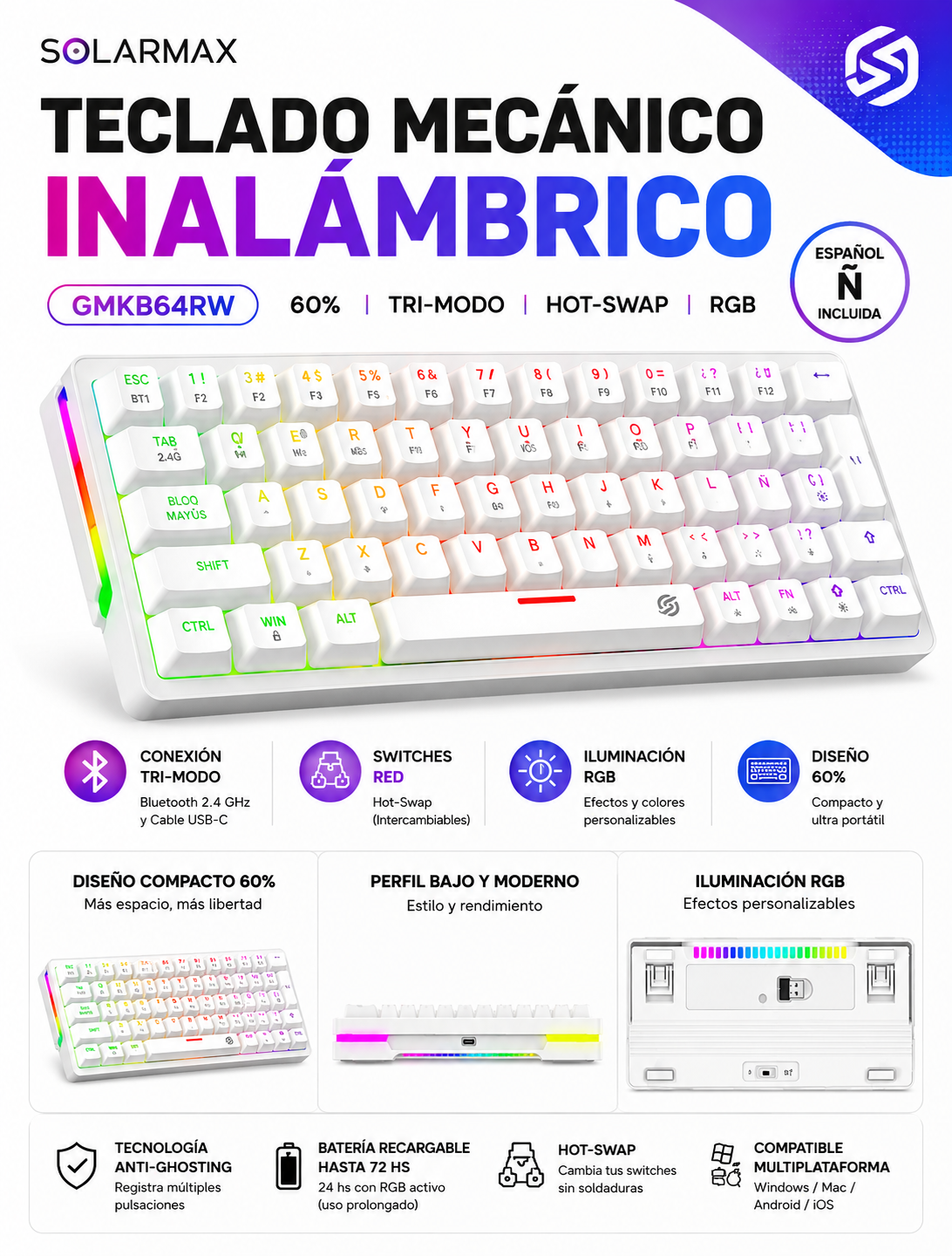 Teclado Mecánico Inalámbrico Solarmax GMKB64RW 60% RGB Tri-Modo Hot-Swap