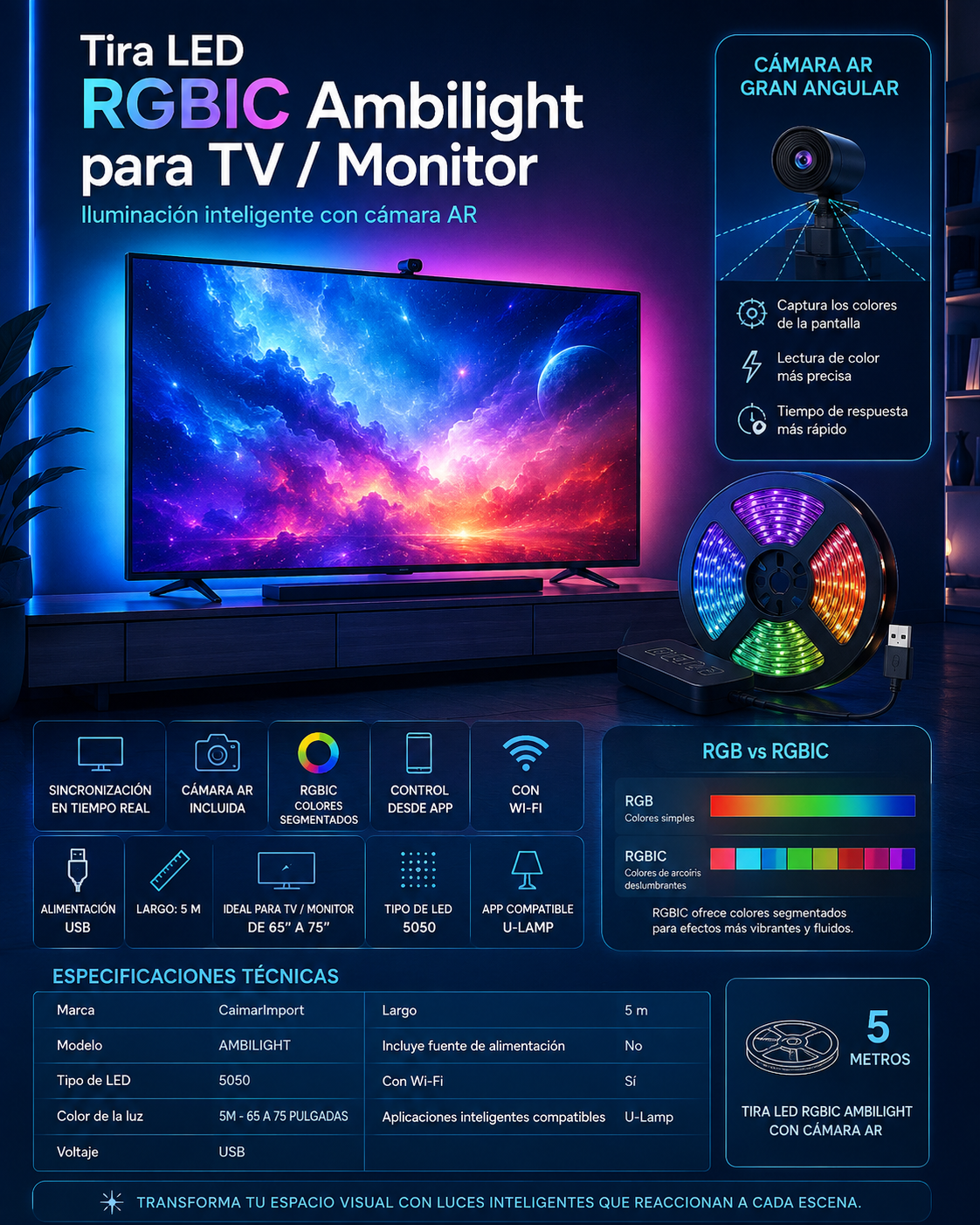Tira LED RGBIC Ambilight para TV y Monitor con Cámara