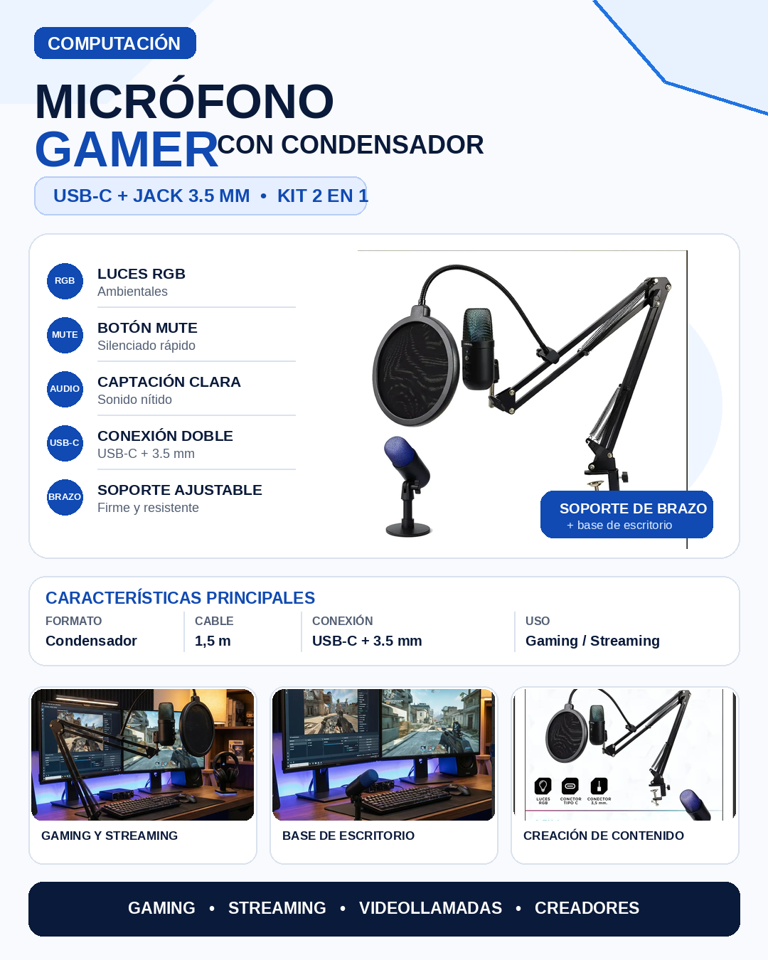 Micrófono Gamer Condensador XMIC450 con Soporte, RGB, USB-C y Jack 3.5 mm