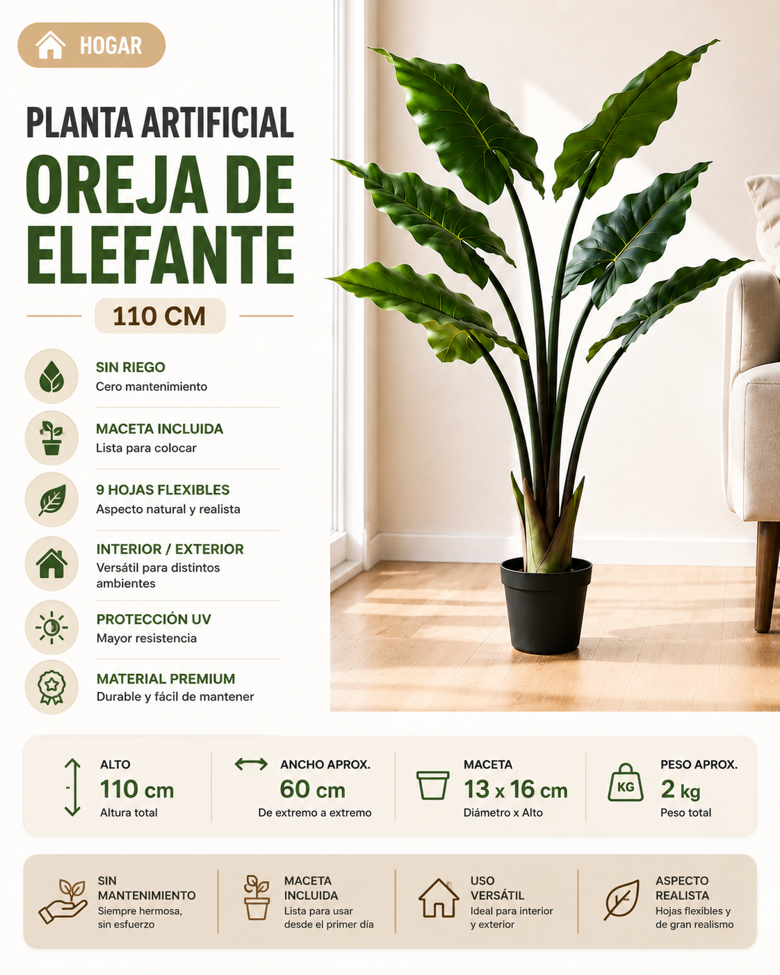 Planta Artificial Oreja de Elefante Griflor Premium 110 cm