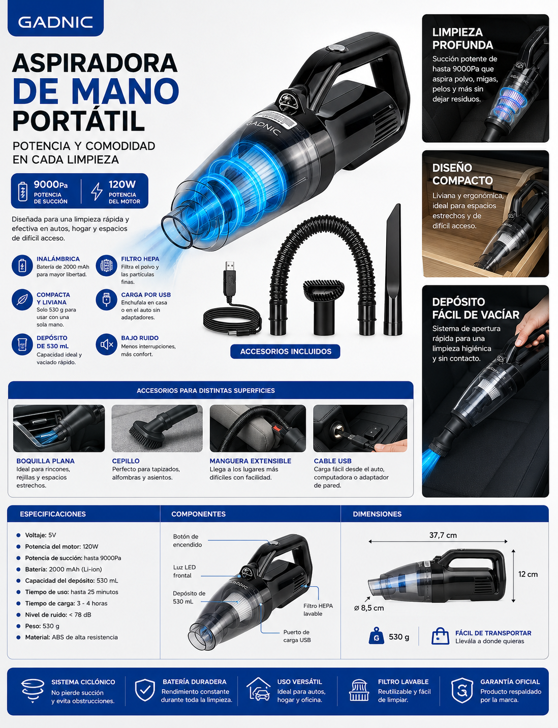 Aspiradora De Mano Portátil Gadnic 9000Pa – Auto y Hogar 120W