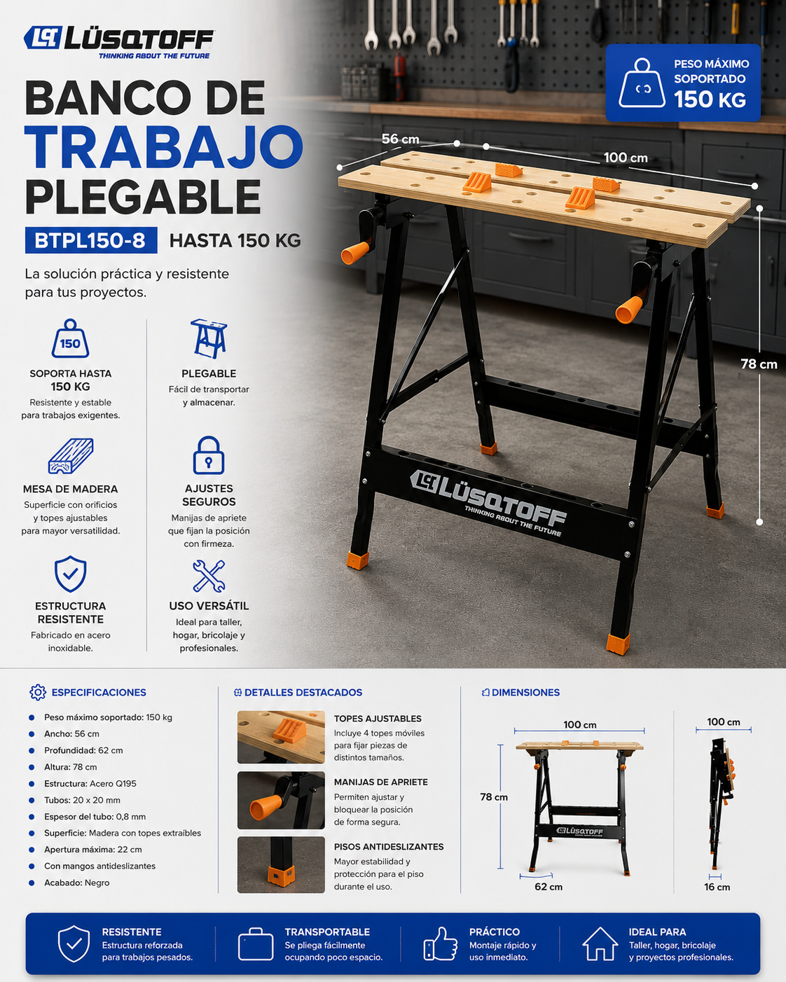 Banco De Trabajo Plegable Lusqtoff BTPL150-8 Hasta 150 Kg