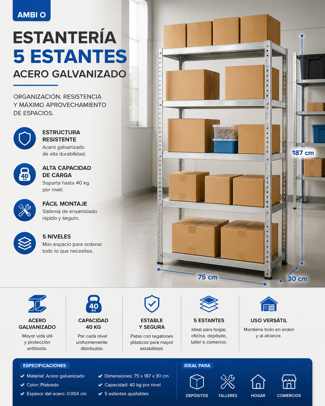 Estanteria De 5 Estantes – Acero Galvanizado Reforzada