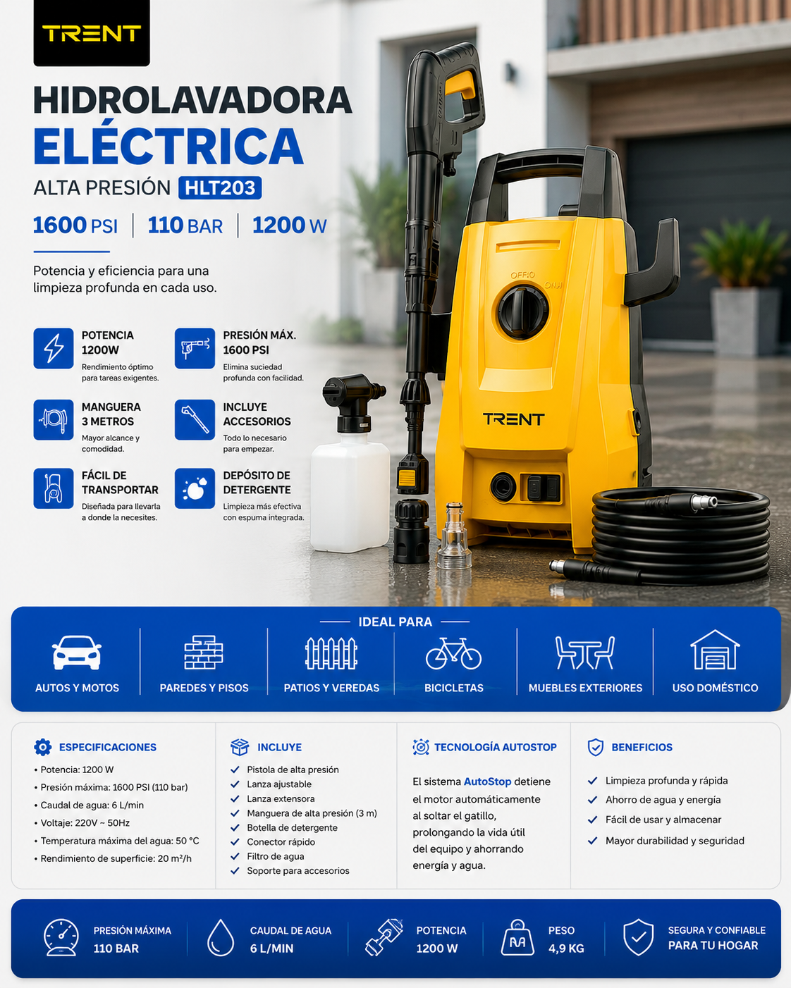 Hidrolavadora Electrica Alta Presion Trent HLT203 – Con Accesorios