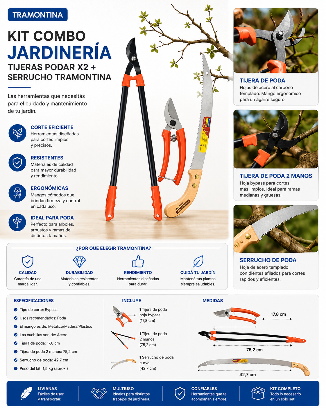 Kit Combo Jardinería Tijeras Podar X2 + Serrucho Tramontina